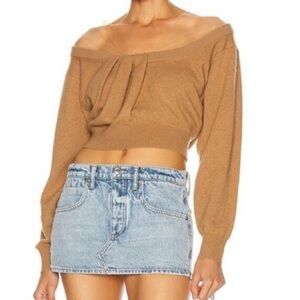 Alexander Wang Cropped Drape Neck Sweater In Tan Large